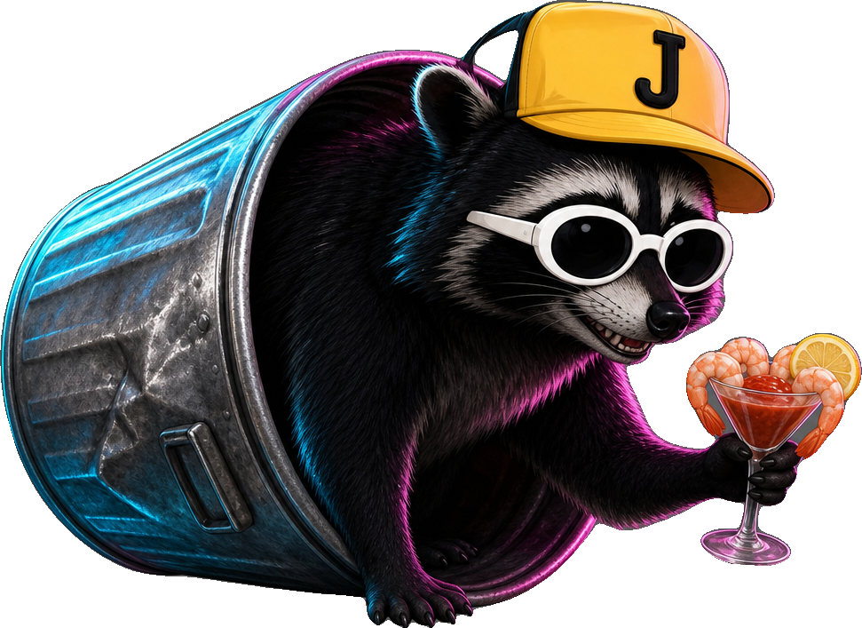 Jimothy raiding a trash can with a shrimp cocktail